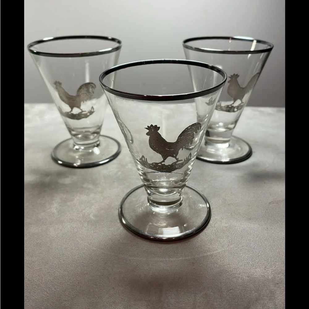 Antique Silver Overlay Rooster Cordials Set of 3 Glasses Cambridge Glass Company